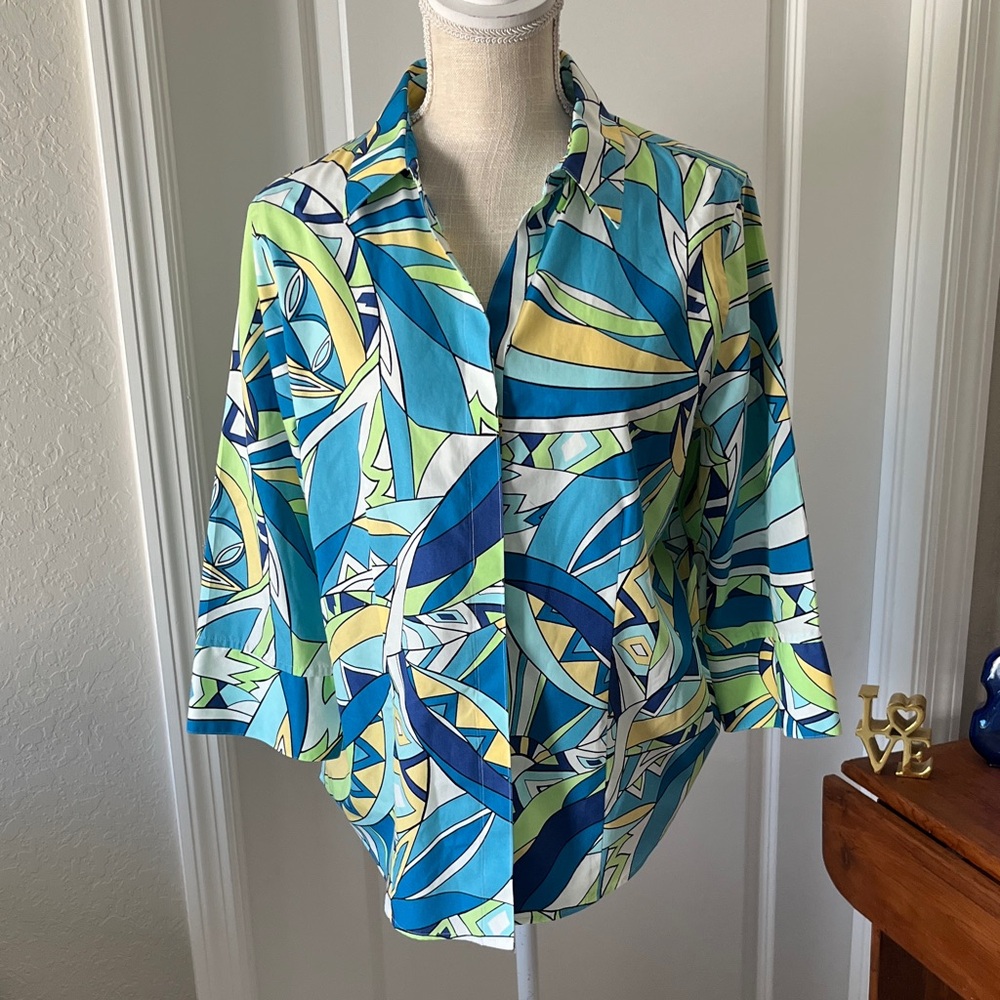 Chico's Effortless Abstract Button up 3/4 Sleeve Blouse SZ 2 = US L 12